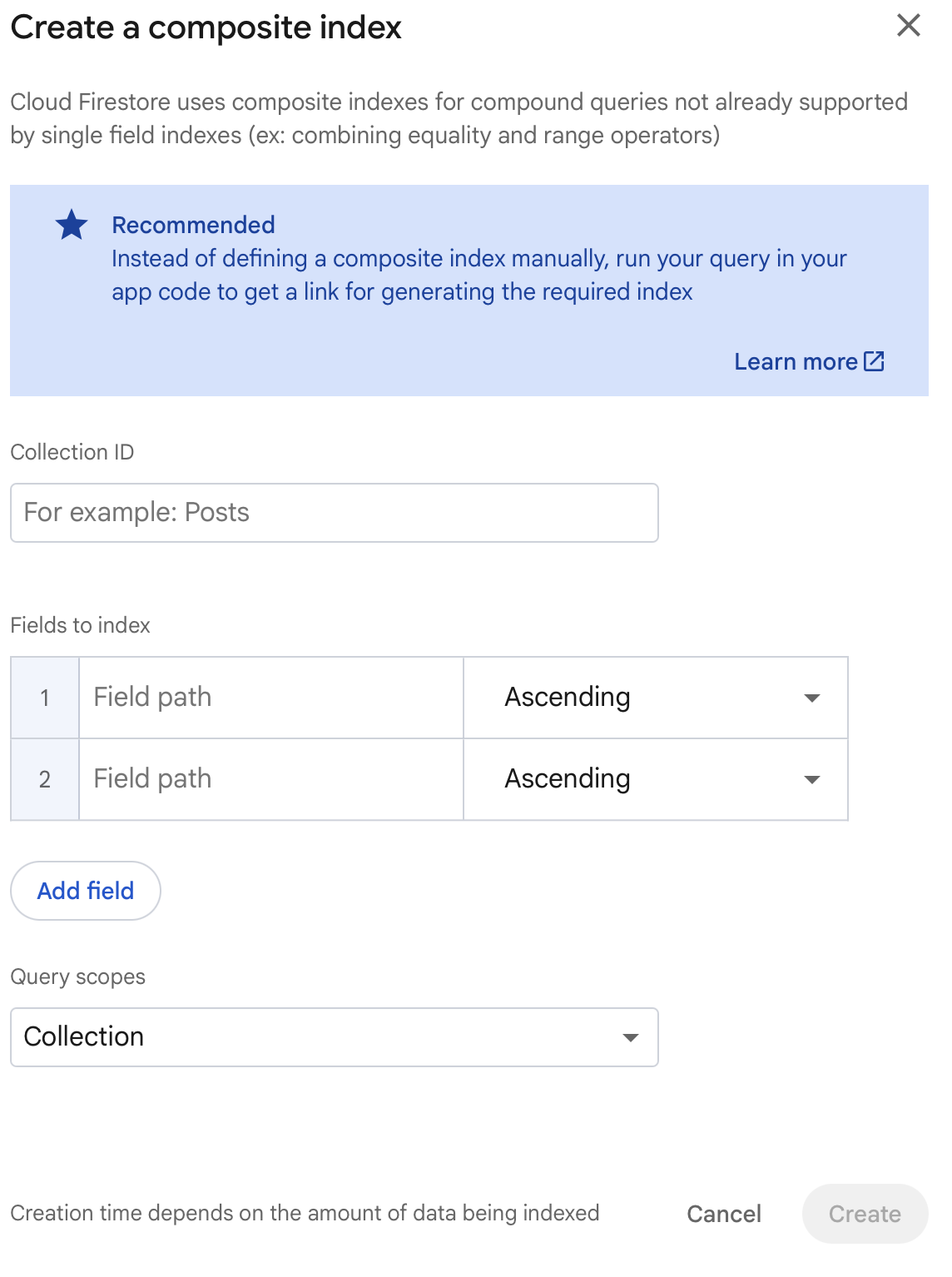 Firestore composite index creation in the Firebase console